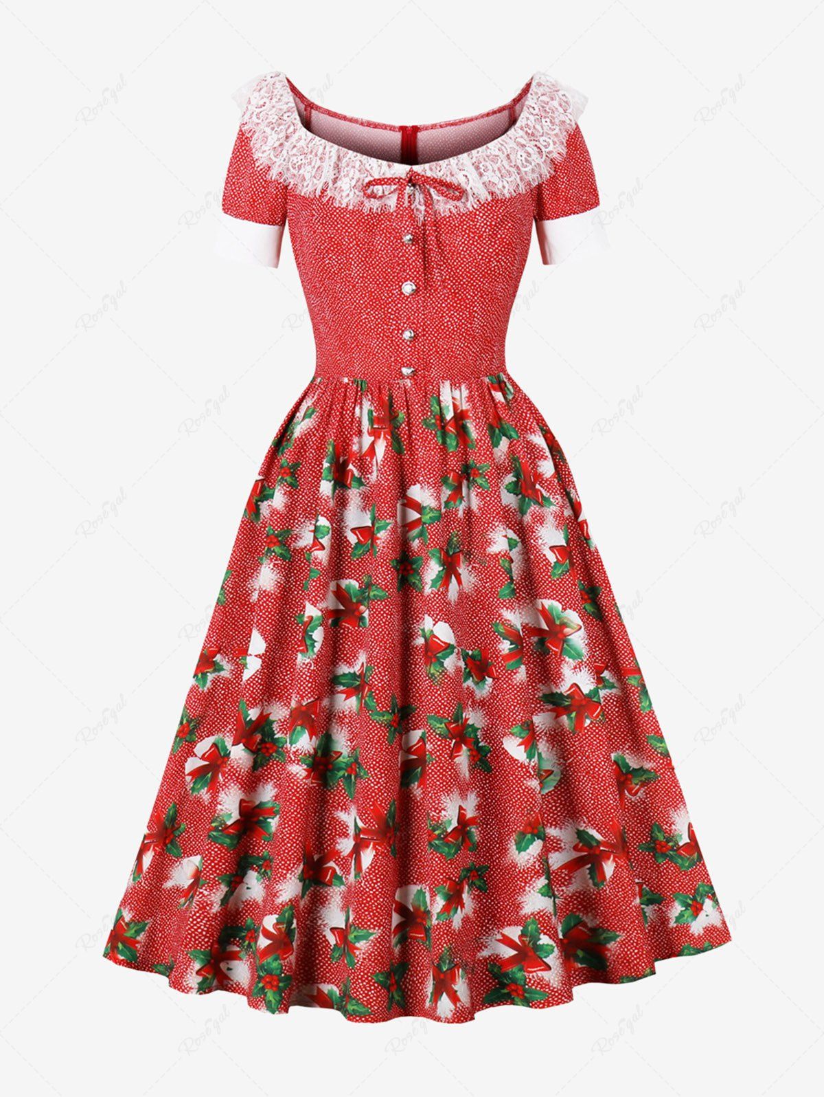Bowknot Leaf Print Lace Trim Neck Tie Buttons Vintage Dress Rouge XXL