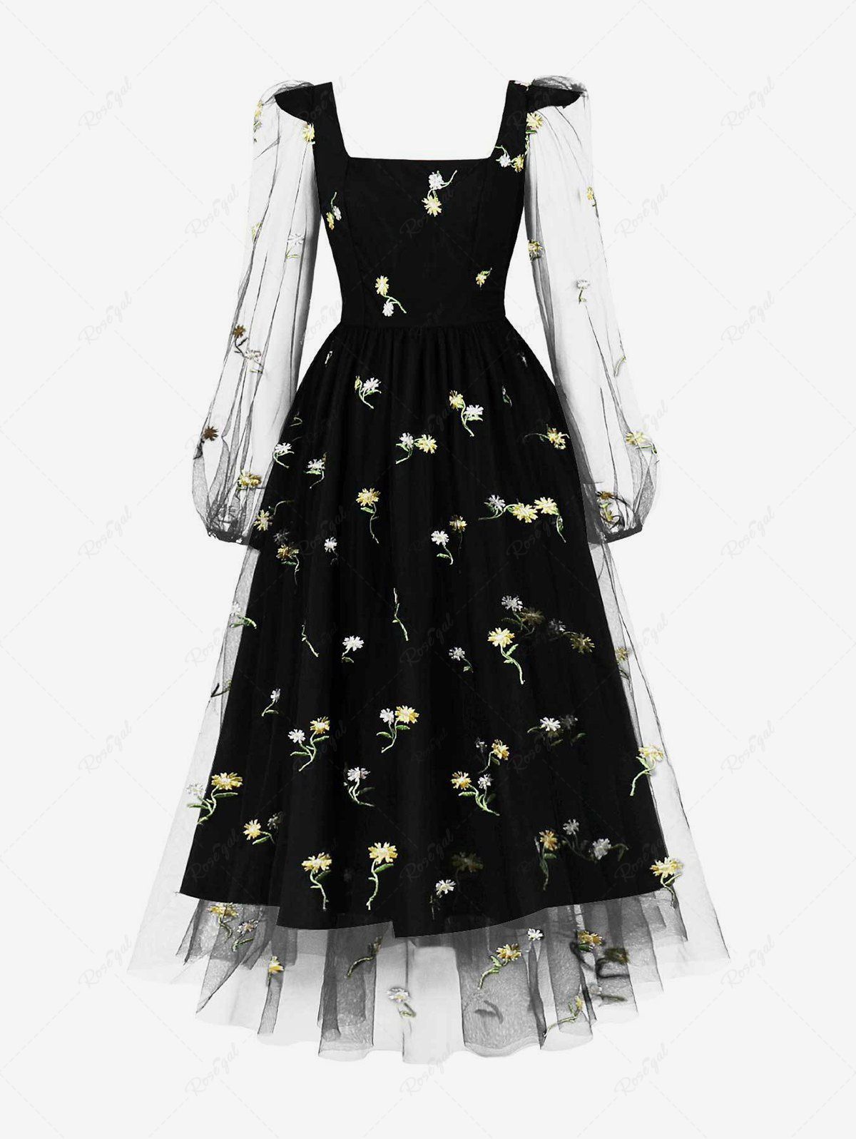 Chic Square Neck Flowers Embroidery Mesh Long Sleeve Vintage Dress  