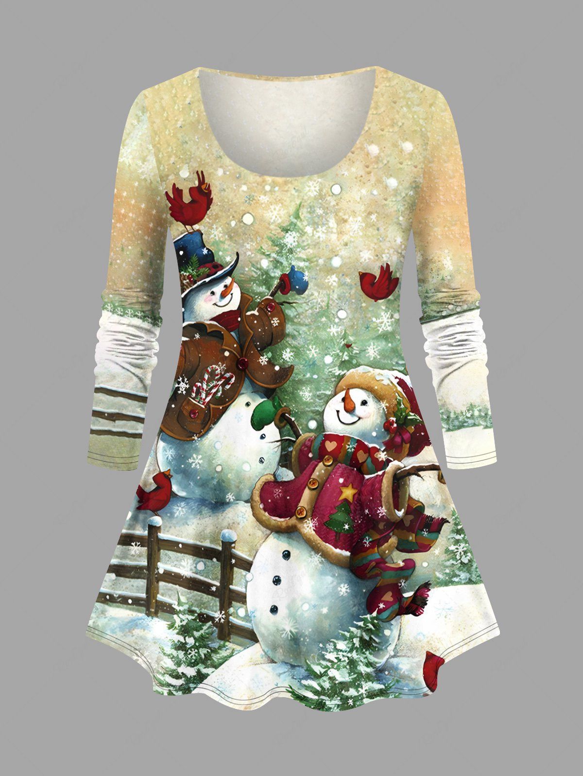 Sale Plus Size Christmas Tree Snowman Snowflake Bird Print T-shirt  