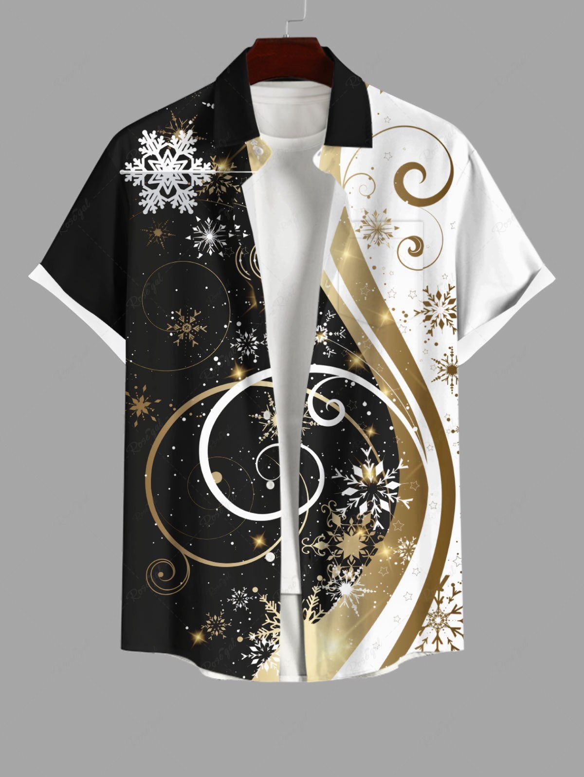 Chemise Flocon de Neige de Noël Imprimé en Blocs de Couleurs Courbe avec Poche de Grande Taille pour Homme Noir 4XL