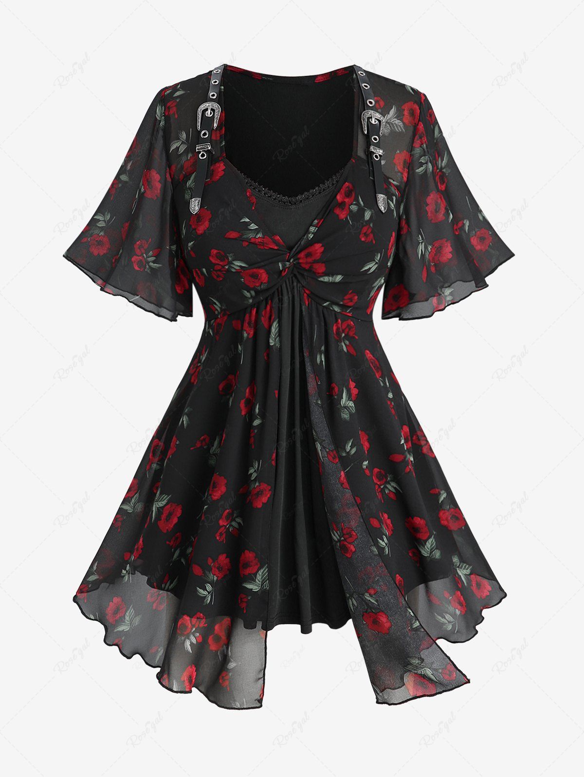 Chic Plus Size Floral Leaf Printed Twist PU Strap Buckle Grommet Layered 2 in 1 Blouse  