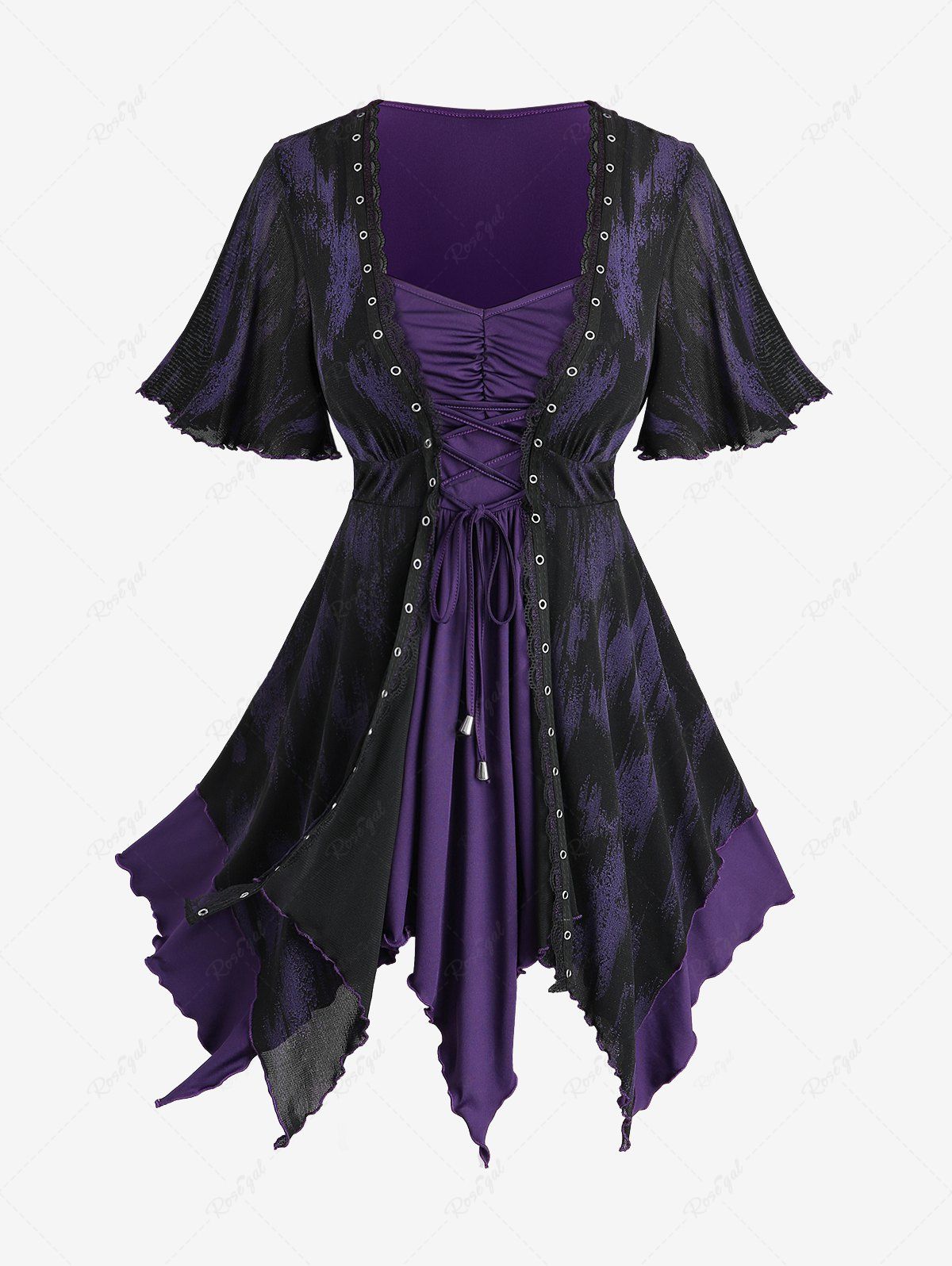 Haut asymétrique 2 en 1 gothique grande taille à volants et œillets à lacets Pourpre  3X | US 22-24