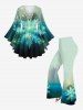 Plus Size Christmas Snowflake Galaxy Star Glitter 3D Print Lattice Crisscross Flare Sleeve T-shirt -  