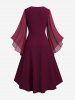 Plus Size Ruched Lace Up Mesh Bell Sleeves Textured Split Dress -  