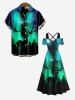 Maxi Robe Ligne A Etoile Sapin de Noël et Galaxie Imprimés Grande Taille à Paillettes - Vert S