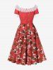 Bowknot Leaf Print Lace Trim Neck Tie Buttons Vintage Dress - Rouge XXL