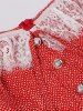 Bowknot Leaf Print Lace Trim Neck Tie Buttons Vintage Dress - Rouge XXL