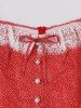 Bowknot Leaf Print Lace Trim Neck Tie Buttons Vintage Dress - Rouge XXL
