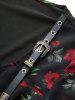 Plus Size Floral Leaf Printed Twist PU Strap Buckle Grommet Layered 2 in 1 Blouse -  