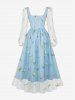Robe Vintage Fleur Brodée en Maille Manches Longues à Col Carré - Bleu L