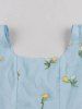Robe Vintage Fleur Brodée en Maille Manches Longues à Col Carré - Bleu L