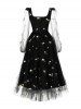 Square Neck Flowers Embroidery Mesh Long Sleeve Vintage Dress -  