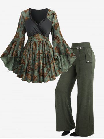 Flare Sleeves Rose Flower Flocking Lace Up Surplice Lace-trim Top and Pintuck Buckle Waist Pockets Buttons Wide Leg Pants Plus Size Outfit - DEEP GREEN