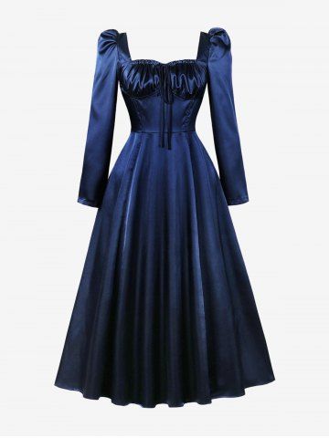 Cinched Ruched Lace Up Tie Solid Color Vintage Dress - DEEP BLUE - S