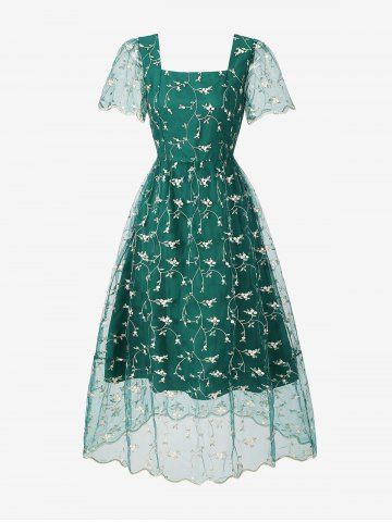 Lace Up Flowers Embroidery Mesh Vintage Dress - GREEN - S