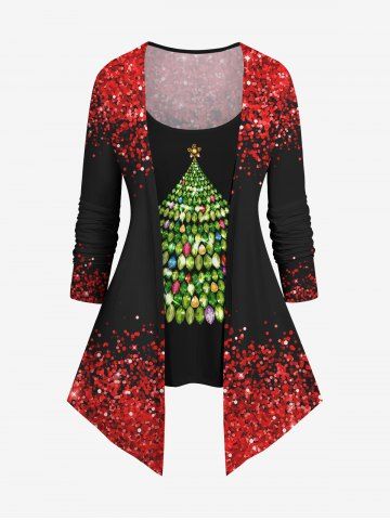 Plus Size Christmas Tree Sparkling Sequin Glitter 3D Print 2 In 1 T-shirt - BLACK - XS