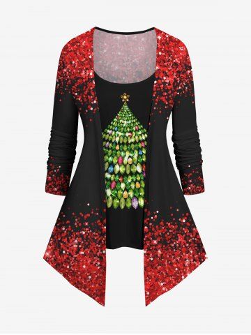 Plus Size Christmas Tree Sparkling Sequin Glitter 3D Print 2 In 1 T-shirt - BLACK - 2X