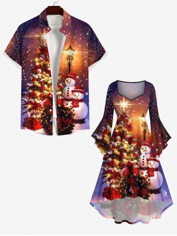 Christmas Tree Snowman Street Light Star Snowflake Print Plus Size Matching Outfit For Couples - MULTI-A
