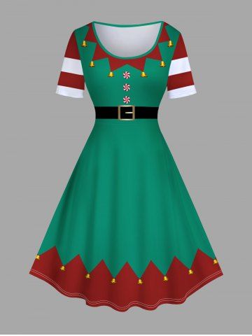 Plus Size Christmas Elf Costume 3D Print A Line Dress - GREEN - 2X | US 18-20