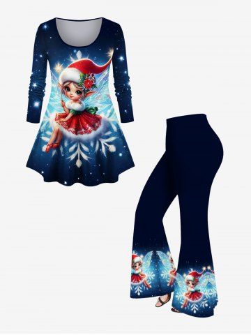 Christmas Hat Snowflake Elf Glitter Ombre Galaxy Print Long Sleeves T-shirt and Flare Pants Plus Size Matching Set - DEEP BLUE