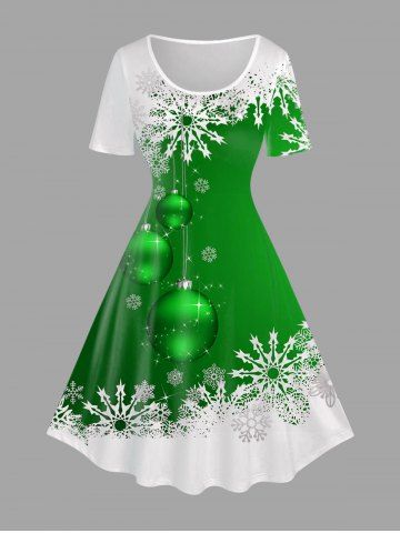 Plus Size Christmas Snowflake Ball Print A Line Dress - DEEP GREEN - 5X | US 30-32