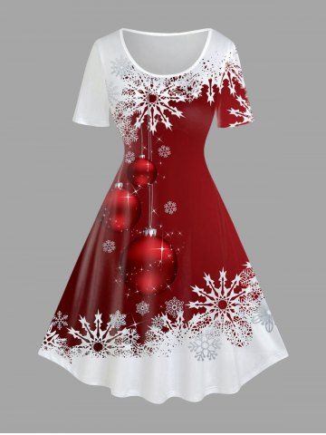 Plus Size Christmas Snowflake Ball Print A Line Dress - DEEP RED - S | US 8