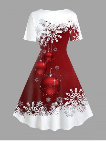 Plus Size Christmas Snowflake Ball Print A Line Dress