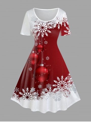 Plus Size Christmas Snowflake Ball Print A Line Dress