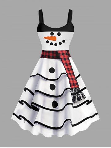 Plus Size Christmas Snowman Buttons Layered 3D Print Tank Dress - WHITE - S