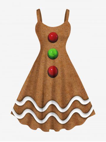 Plus Size Christmas Gingerbread Ball Wavy Line Print Tank Dress - COFFEE - M