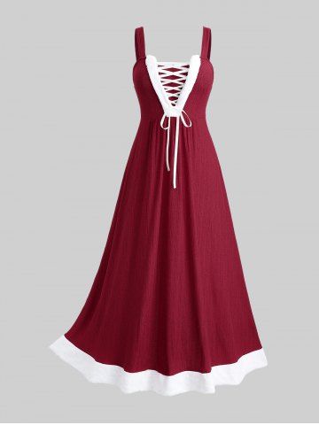 Plus Size Christmas Lace Up Fleece Trim Tank Dress and Heart Chain Buckle Hooded Cloak