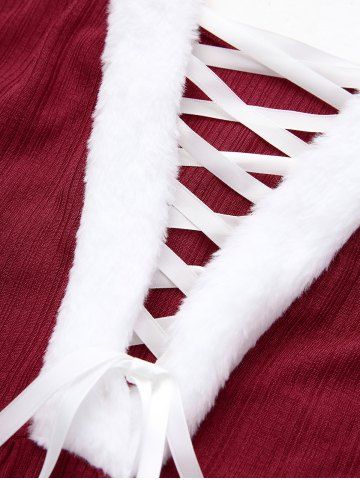 Plus Size Christmas Lace Up Fleece Trim Tank Dress and Heart Chain Buckle Hooded Cloak