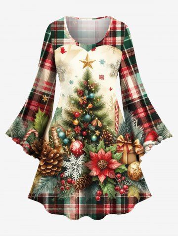 Plus Size Christmas Tree Ball Floral Snowflake Pine Cones Plaid Print A Line Dress - MULTI-A - 4X