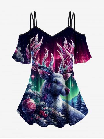 Plus Size Christmas Tree Ball Elk Ombre Aurora Print Cold Shoulder Cami T-shirt - BLACK - 1X