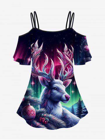Plus Size Christmas Tree Ball Elk Ombre Aurora Print Cold Shoulder Cami T-shirt