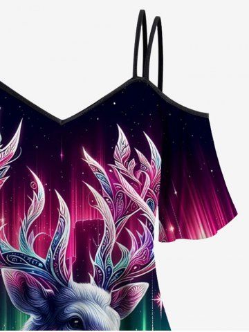 Plus Size Christmas Tree Ball Elk Ombre Aurora Print Cold Shoulder Cami T-shirt