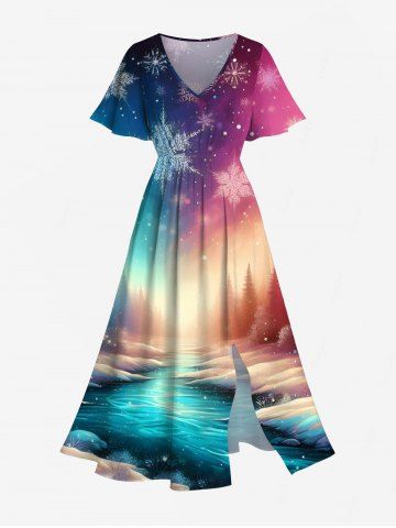 Plus Size Christmas Snowflake Forest Ombre Galaxy River Print Split Pocket A Line Midi Dress - MULTI-A - S