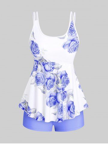 High Waist Rose Print Plus Size & Curve Modest Tankini Swimsuit - LIGHT PURPLE - L