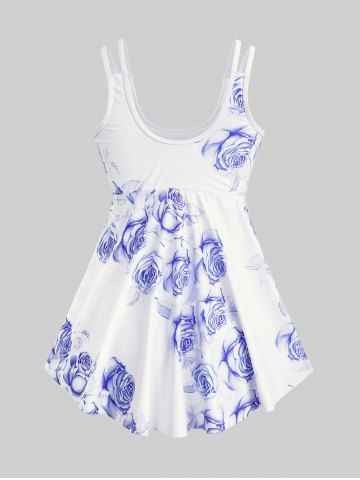 High Waist Rose Print Plus Size & Curve Modest Tankini Swimsuit
