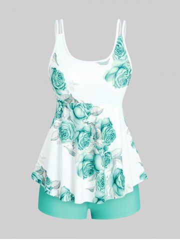 High Waist Rose Print Plus Size & Curve Modest Tankini Swimsuit - LIGHT GREEN - 3X
