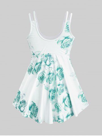 High Waist Rose Print Plus Size & Curve Modest Tankini Swimsuit
