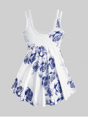 High Waist Rose Print Plus Size & Curve Modest Tankini Swimsuit