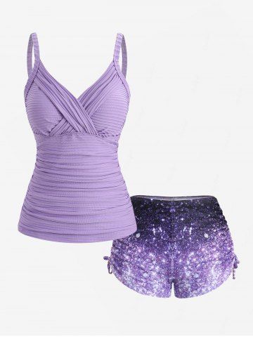 Plus Size Crisscross Panel Ruched Textured Galaxy Ombre Print Cinched Boyshorts Tankini Swimsuit - PURPLE - 2X | US 18-20