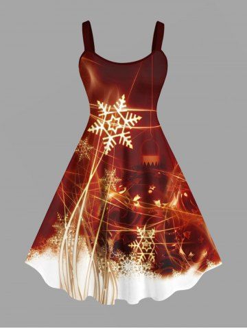 Plus Size Glitter Christmas Snowflake Light Beam Fireworks Print A Line Tank Dress - RED - S