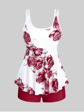 Maillot de bain tankini taille haute imprimé roses, grande taille et coupe couvrante. - DEEP RED - L