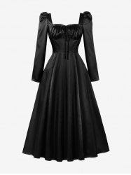 Cinched Ruched Lace Up Tie Solid Color Vintage Dress -  