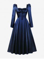 Robe Vintage Nouée en Couleur Unie à Lacets à Volants - Bleu profond M