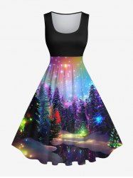 Robe Vintage Brillant 3D Etoile Sapin de Noël et Galaxie Imprimés Grande Taille - Noir 6X