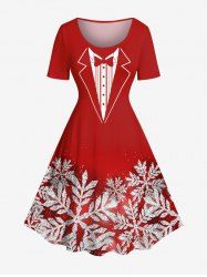 Plus Size Christmas Snowflake Bowknot Lapel Collar Print Vintage Dress -  