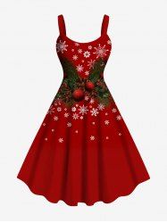 Robe Débardeur Trapèze à Imprimé Feuilles de Noël et Boules Grande-Taille - Rouge 3X